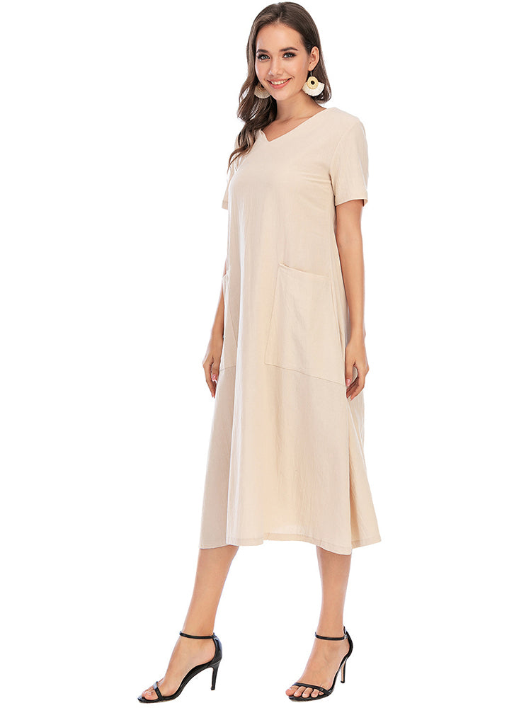 Vintage Short Sleeve V Neck Pockets Dresses