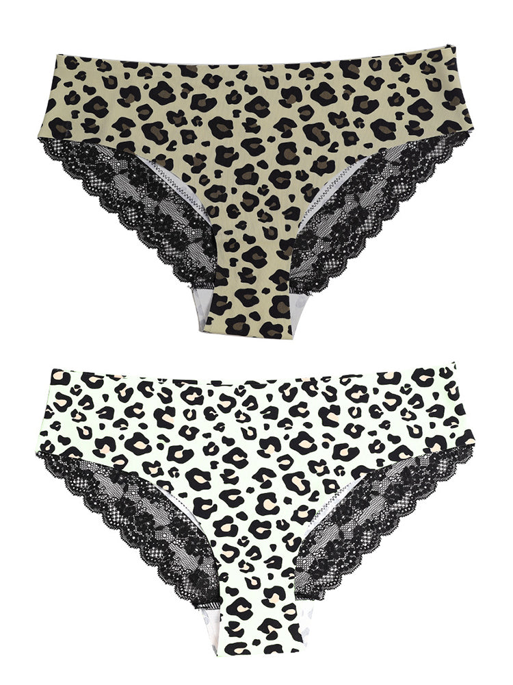 Sexy Leopard Print Lace Trim Ice Silk Briefs