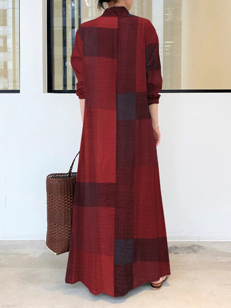 Vintage Plaid Stand Collar Pocket Maxi Shirt Dresses