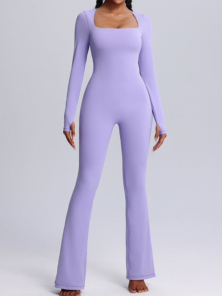 Seamless Full-Body Long-Sleeve Yoga One-Pieces with Square Neckline