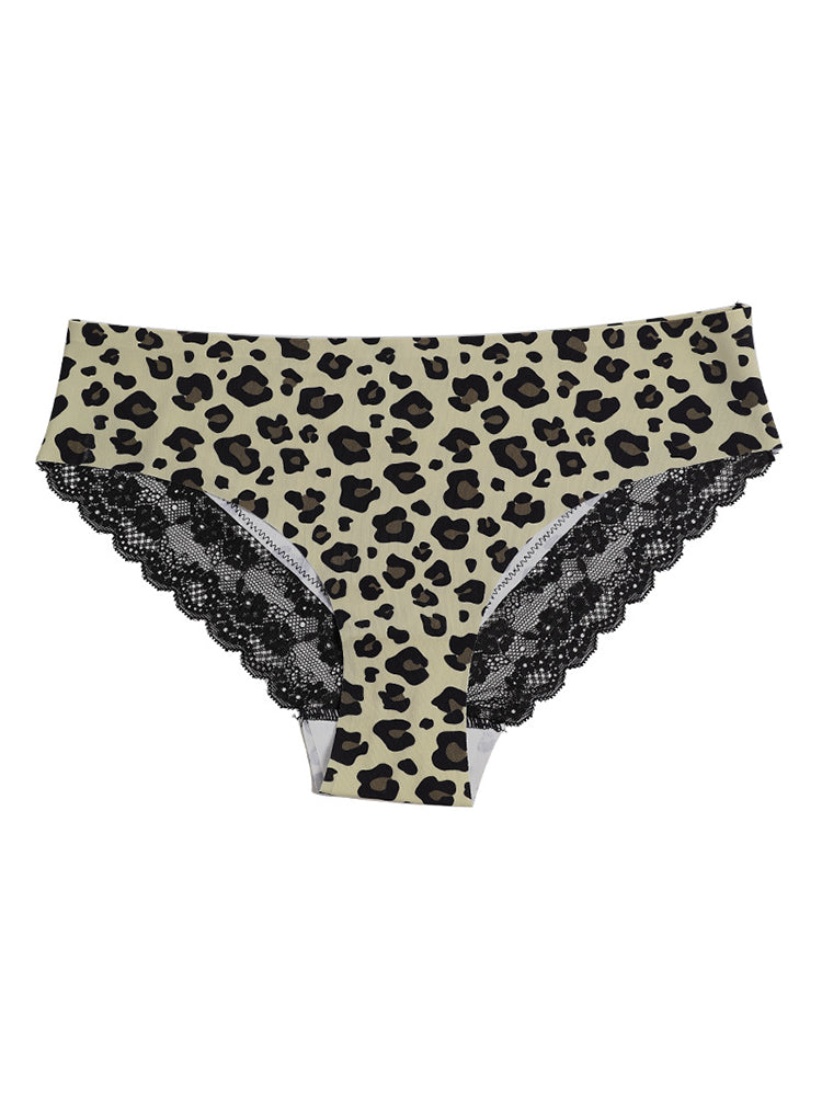 Sexy Leopard Print Lace Trim Ice Silk Briefs