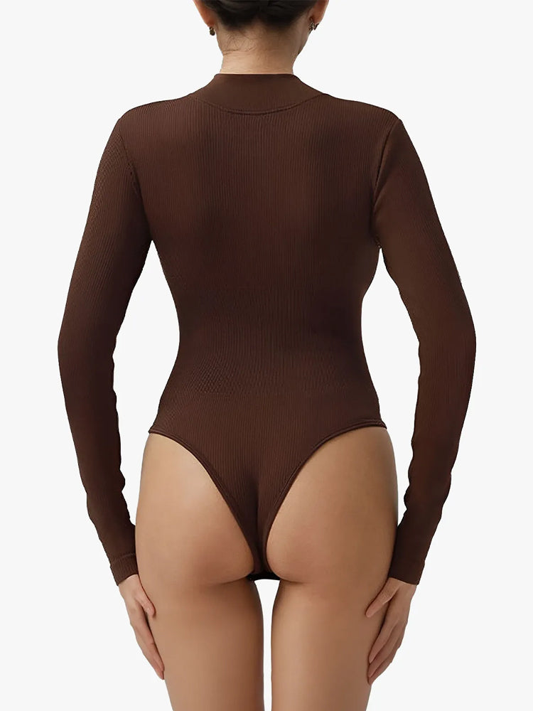 Ribbed Zipper Crotch Opening High Neck Long Sleeve Thong Bodysuits