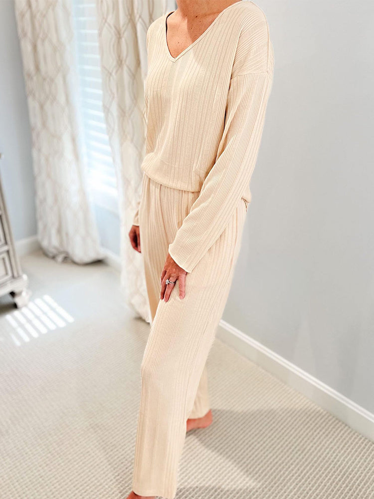 Ribbed Knit Lounge Set with V-Neck for Women