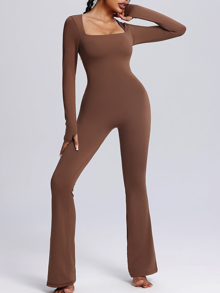 Seamless Full-Body Long-Sleeve Yoga One-Pieces with Square Neckline