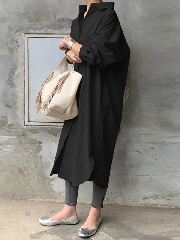 Solid Color Casual Long Sleeve Cotton Shirt Dresses