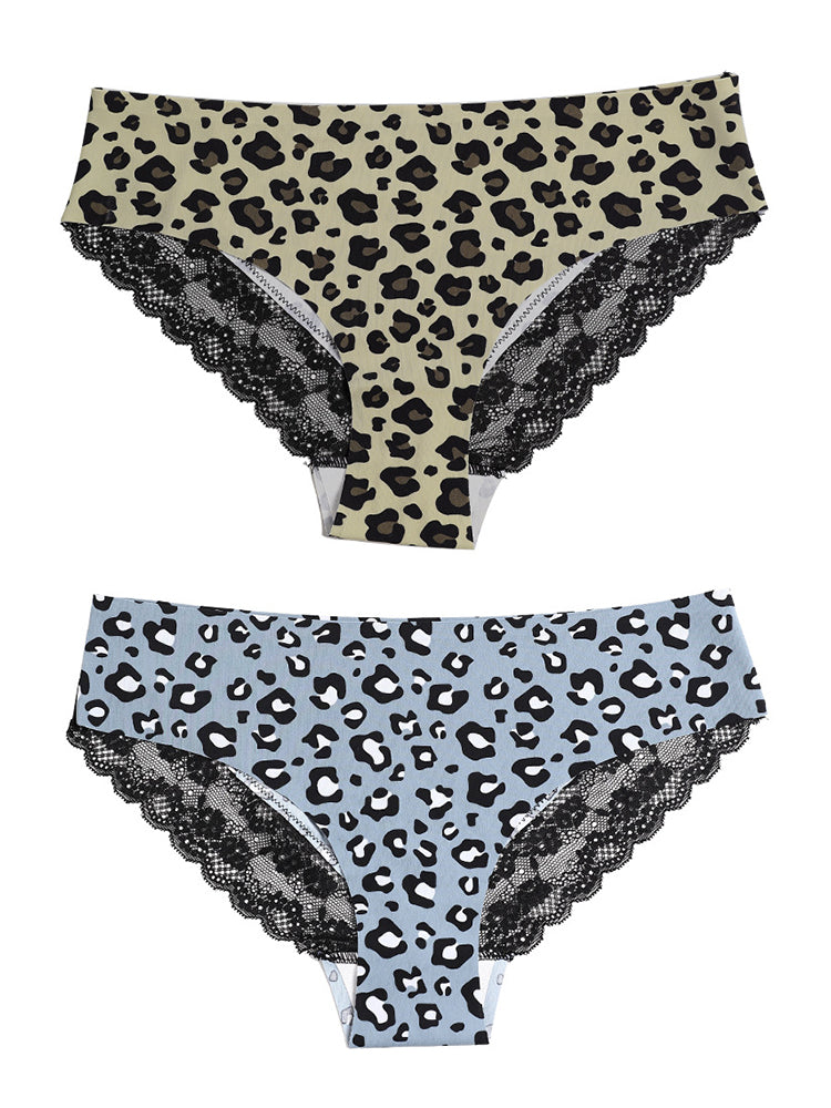 Sexy Leopard Print Lace Trim Ice Silk Briefs
