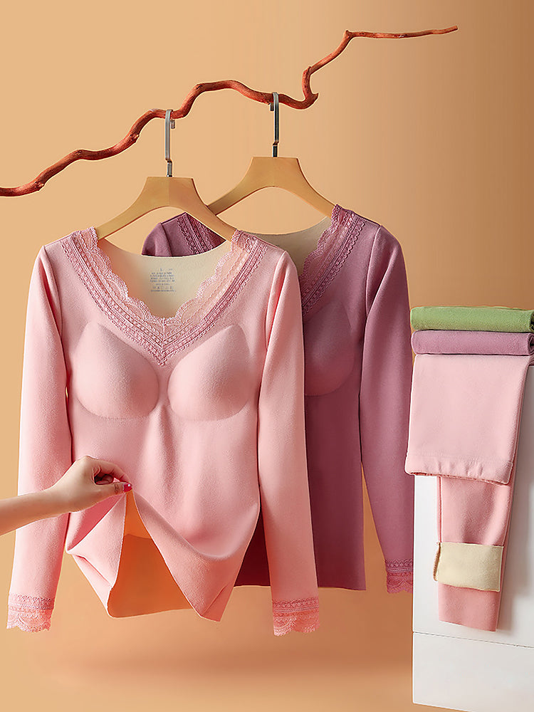 Lace V-Neck Reversible Brushed Thermal Sets