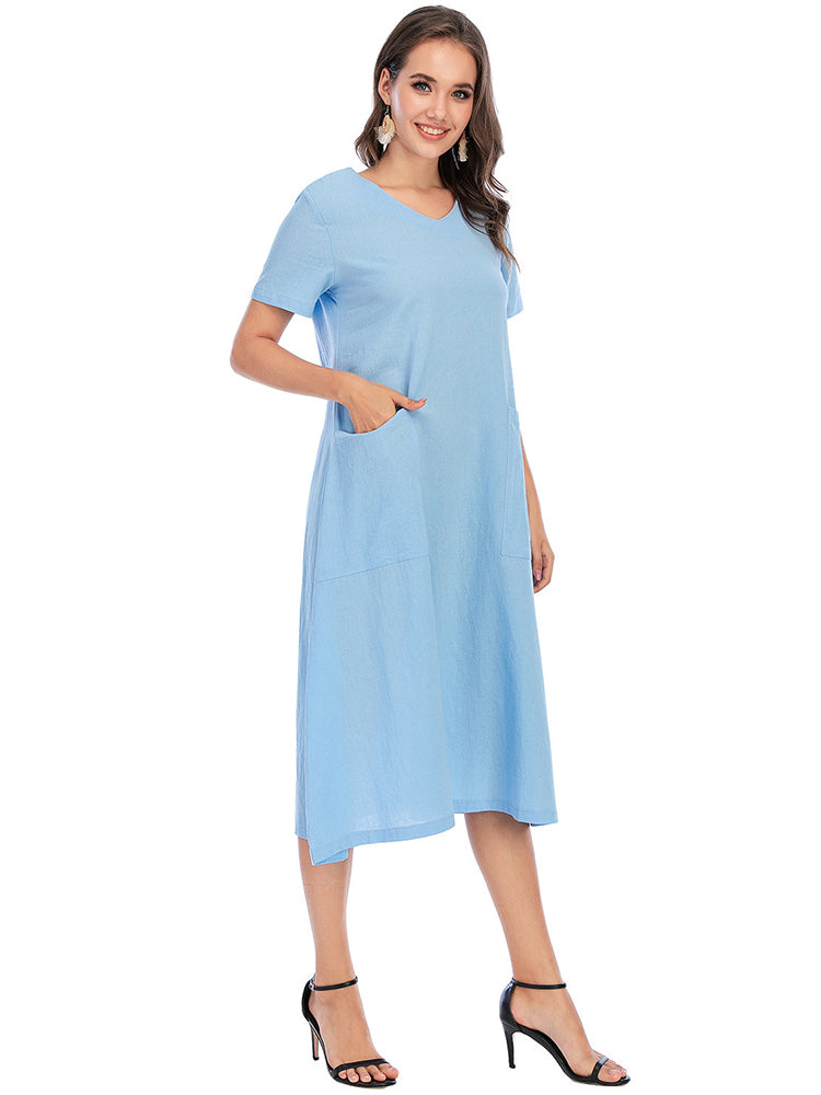 Vintage Short Sleeve V Neck Pockets Dresses