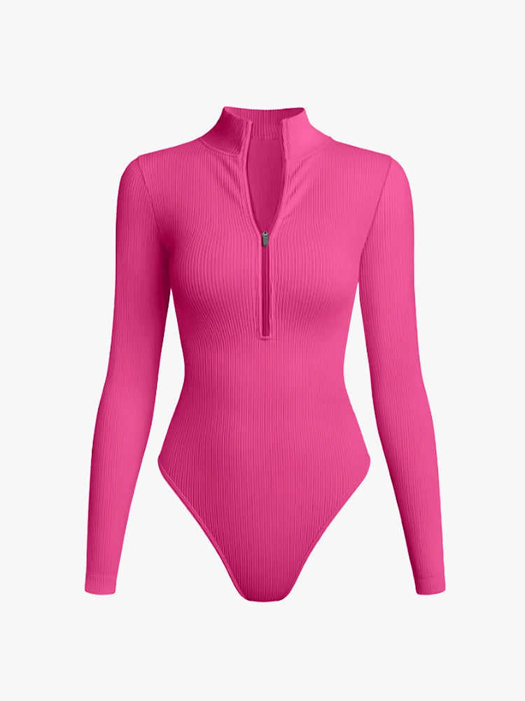 Ribbed Zipper Crotch Opening High Neck Long Sleeve Thong Bodysuits