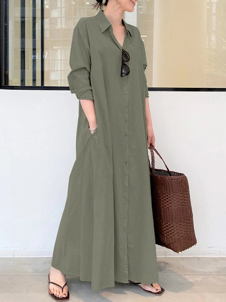 Women's Solid Color Pocket Button Long SLeeve Casual Shirt Dresses
