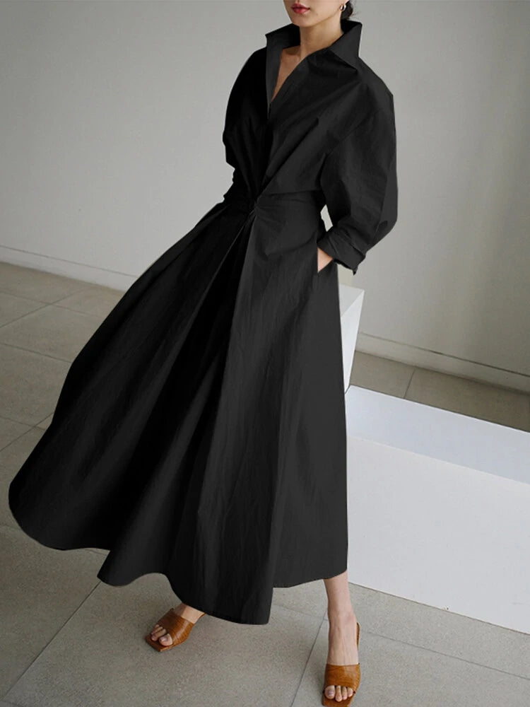 Solid Pocket Button Lapel Maxi Shirt Casual Dress