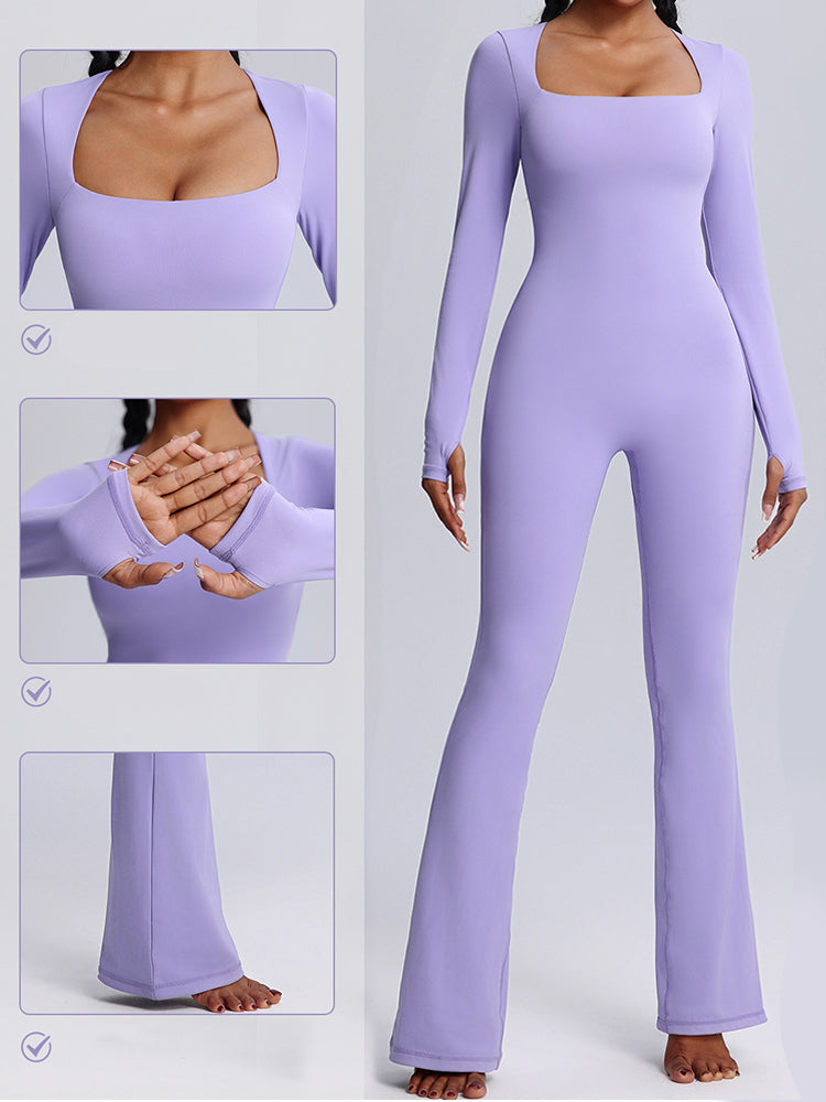 Seamless Full-Body Long-Sleeve Yoga One-Pieces with Square Neckline