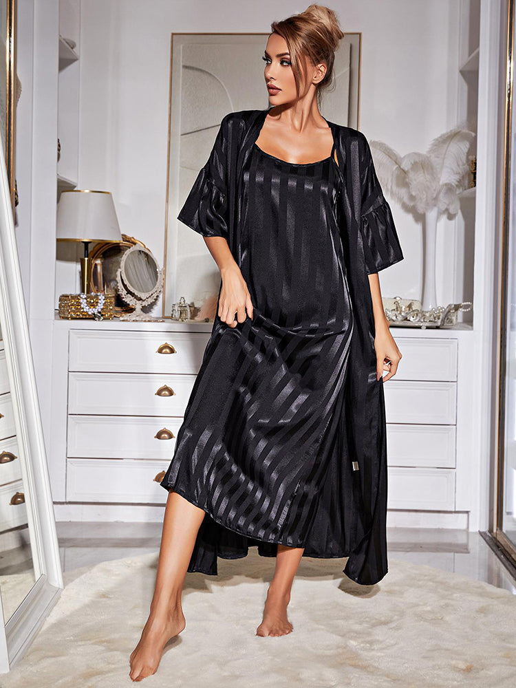 Satin Striped Loose-Fit Nightdress with Matching Robe