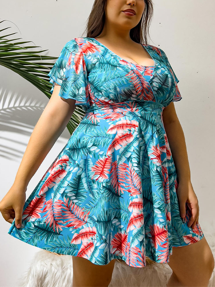 Plus Size Digital Print One-Piece Swimsuit with Sleeves & Skirted Bottom