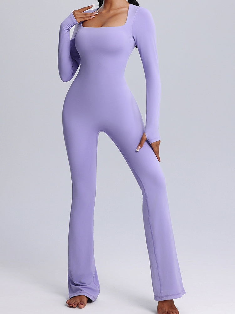 Seamless Full-Body Long-Sleeve Yoga One-Pieces with Square Neckline