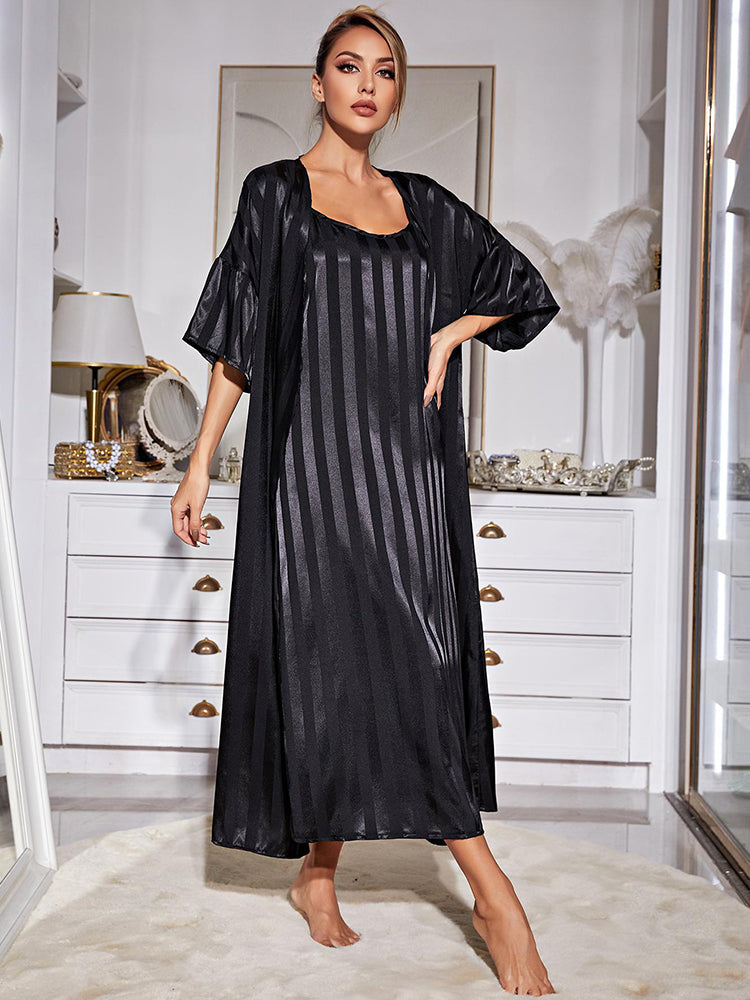 Satin Striped Loose-Fit Nightdress with Matching Robe