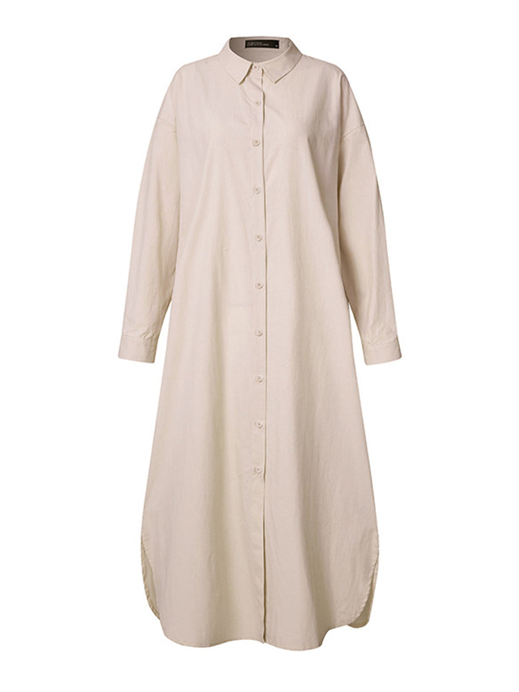 Solid Color Casual Long Sleeve Cotton Shirt Dresses