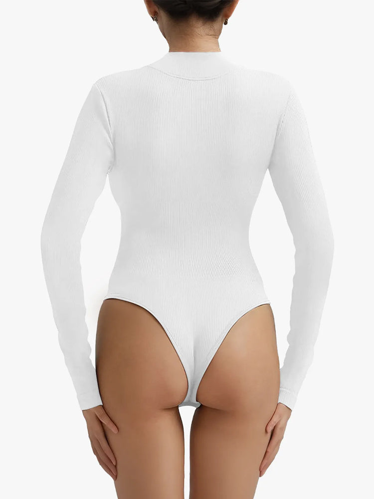 Ribbed Zipper Crotch Opening High Neck Long Sleeve Thong Bodysuits