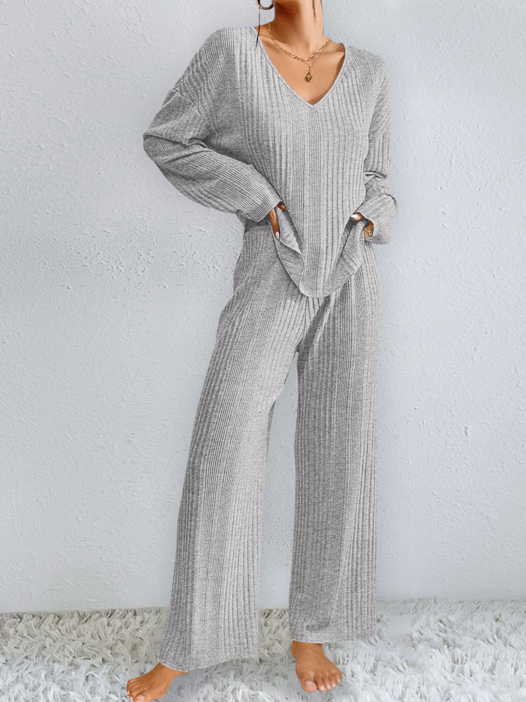 Ribbed Knit Lounge Set with V-Neck for Women