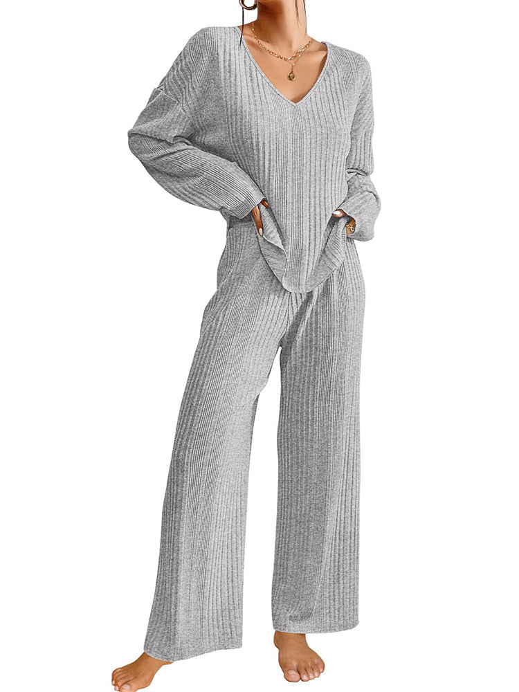 Ribbed Knit Lounge Set with V-Neck for Women