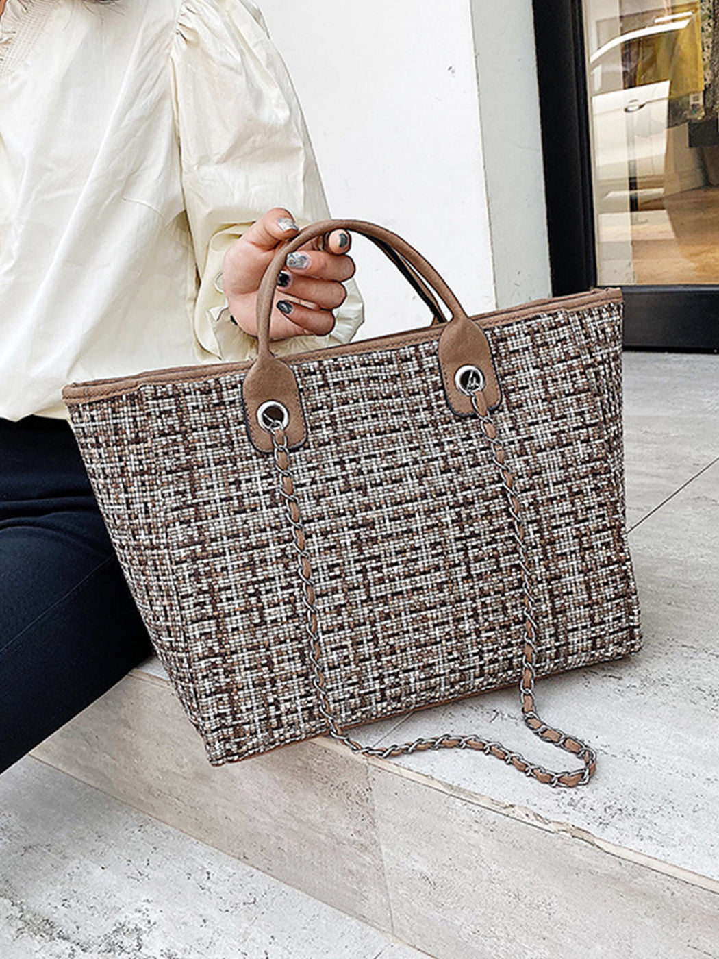 Chic Tweed Chain Tote Bag