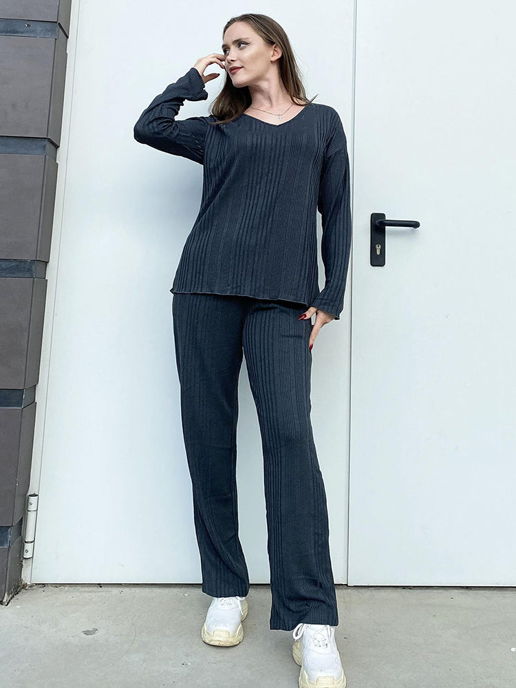 Ribbed Knit Lounge Set with V-Neck for Women