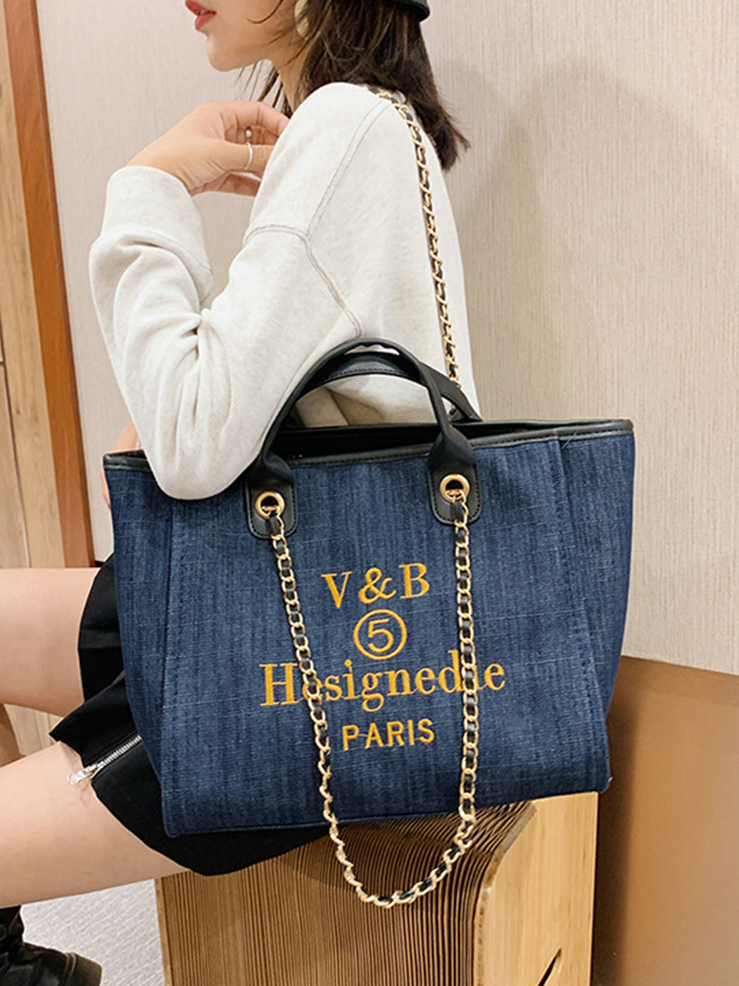 Trendy Denim Large-Capacity Tote Bag