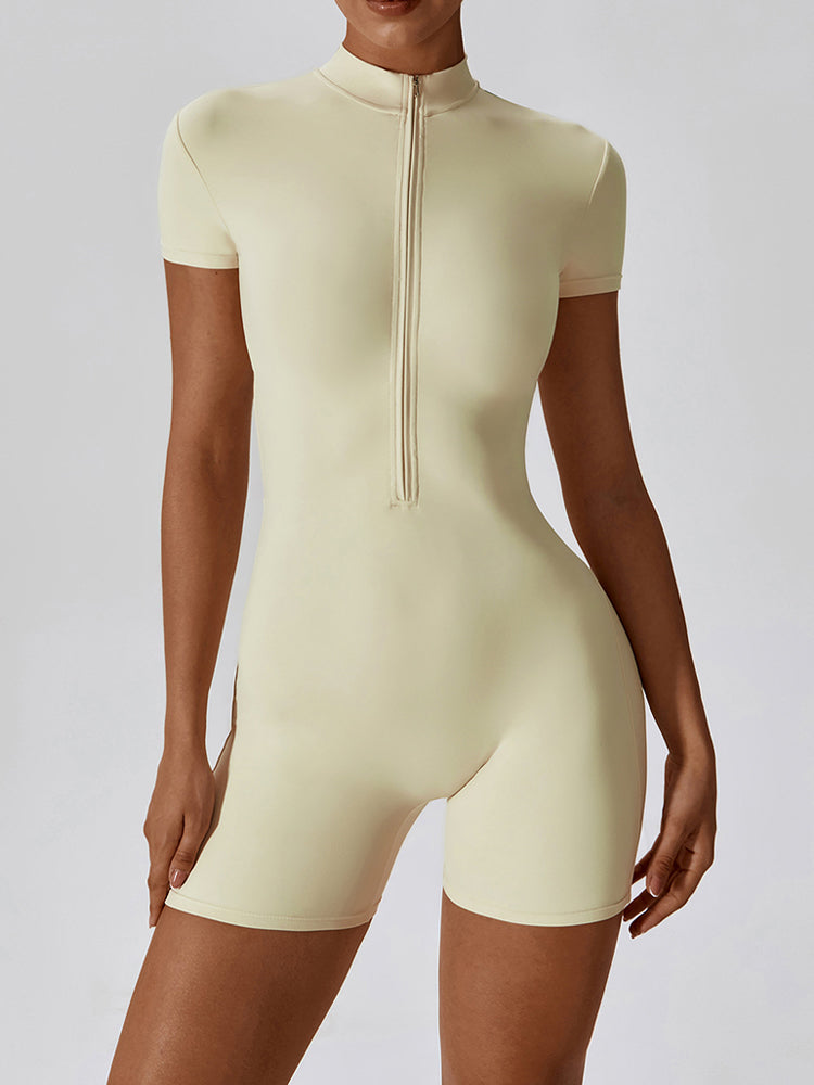 High-Neck Short Sleeve Zip-Up Fitting Activewear Bodysuit