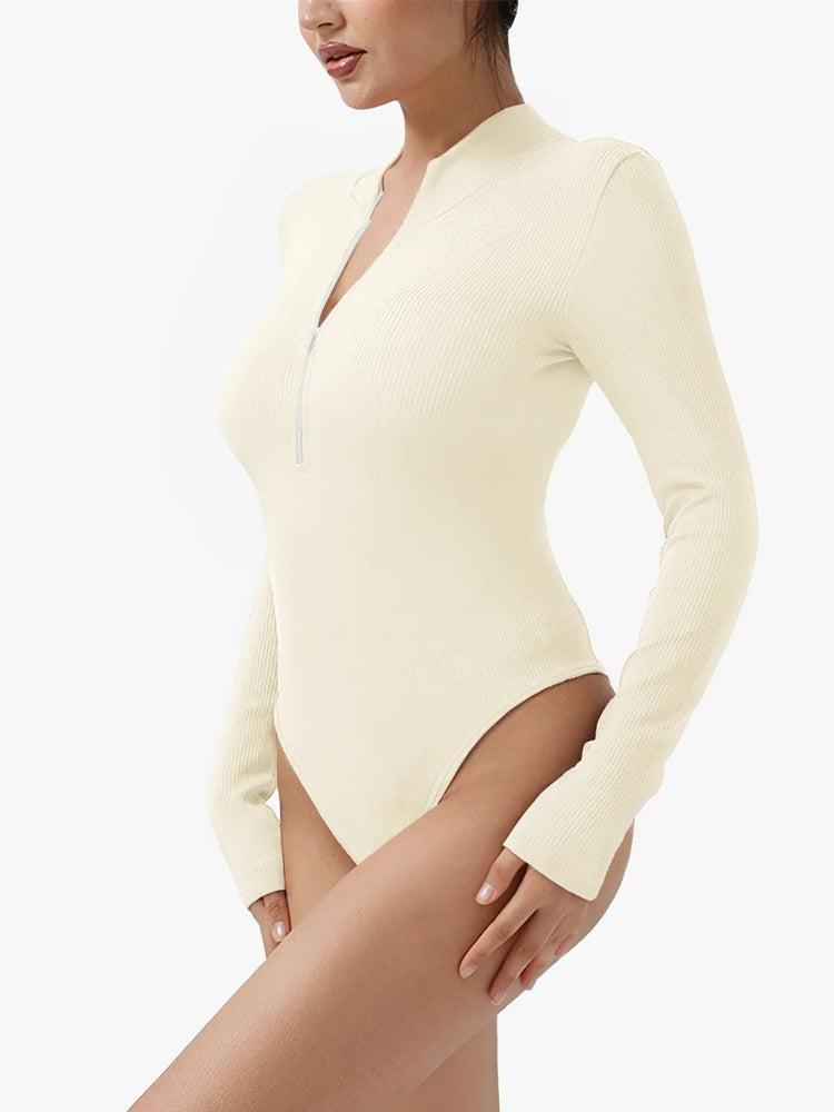 Ribbed Zipper Crotch Opening High Neck Long Sleeve Thong Bodysuits