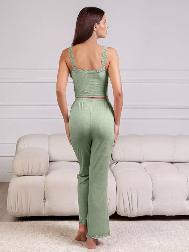 Comfort Lace Strap Tank Top and Long Pants Loungewear Set