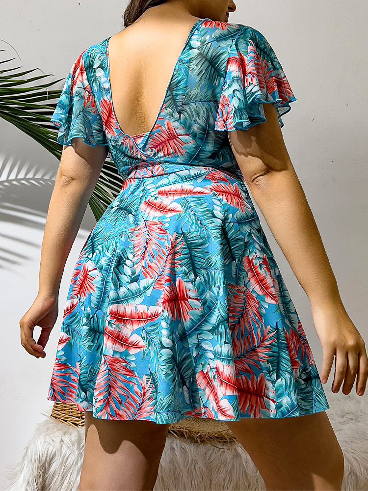 Plus Size Digital Print One-Piece Swimsuit with Sleeves & Skirted Bottom