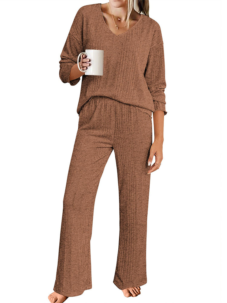 Ribbed Knit Lounge Set with V-Neck for Women