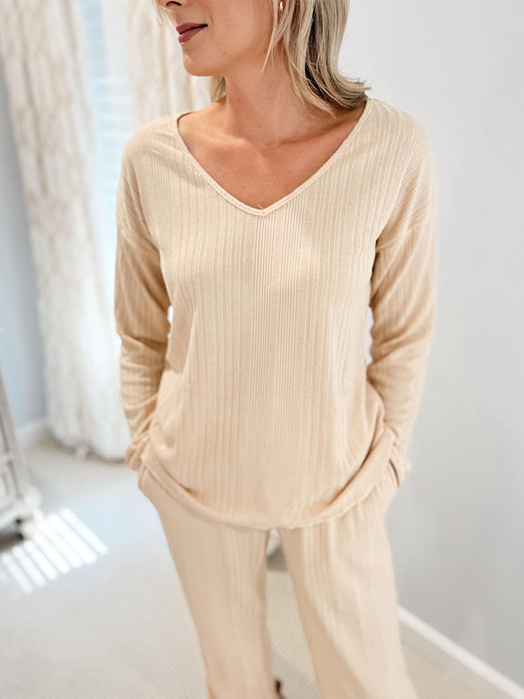 Ribbed Knit Lounge Set with V-Neck for Women