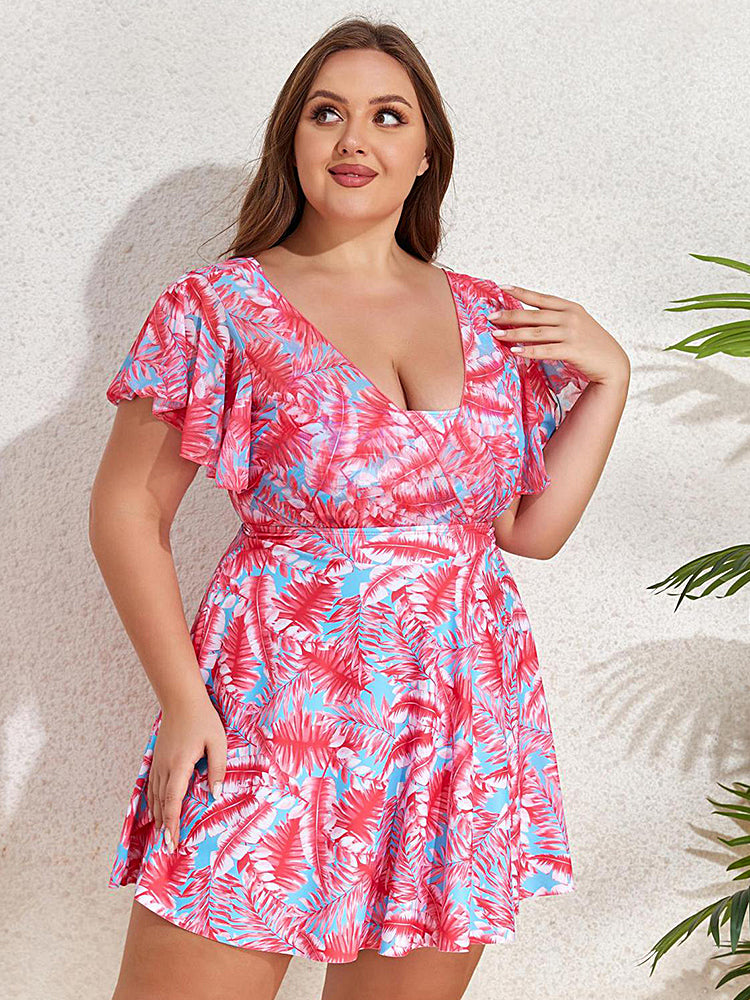 Plus Size Digital Print One-Piece Swimsuit with Sleeves & Skirted Bottom