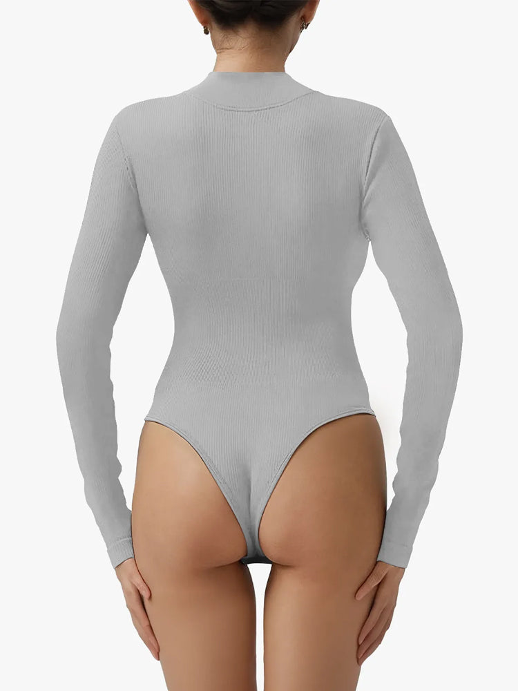 Ribbed Zipper Crotch Opening High Neck Long Sleeve Thong Bodysuits