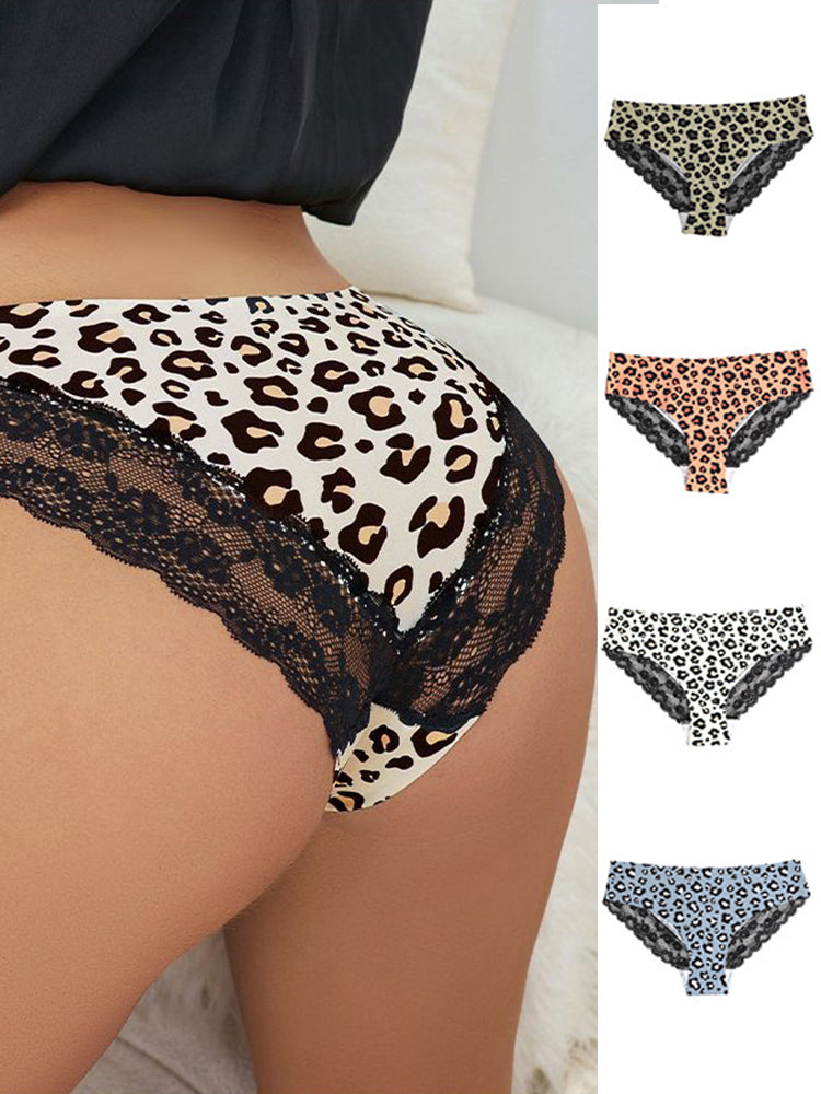 Sexy Leopard Print Lace Trim Ice Silk Briefs