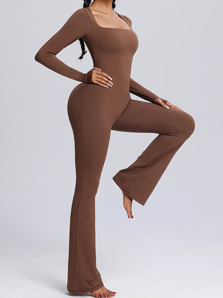 Seamless Full-Body Long-Sleeve Yoga One-Pieces with Square Neckline