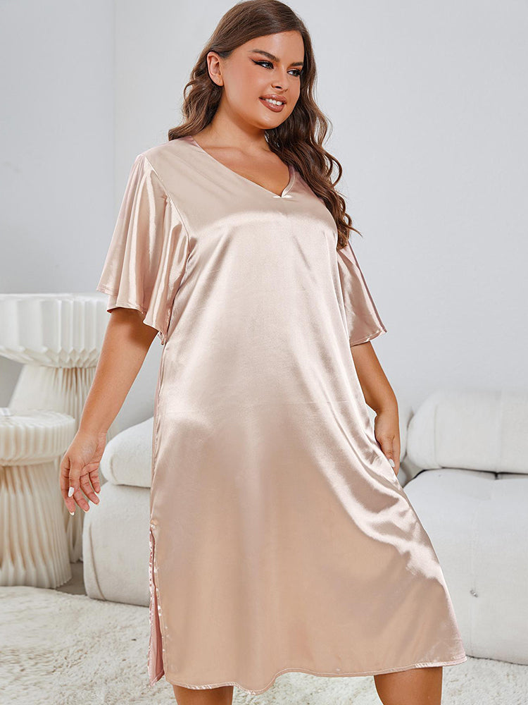 Satin V-Neck Nightdress with Flutter Sleeves