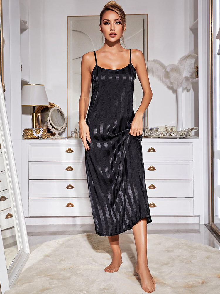 Satin Striped Loose-Fit Nightdress with Matching Robe