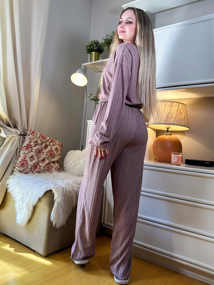 Ribbed Knit Lounge Set with V-Neck for Women