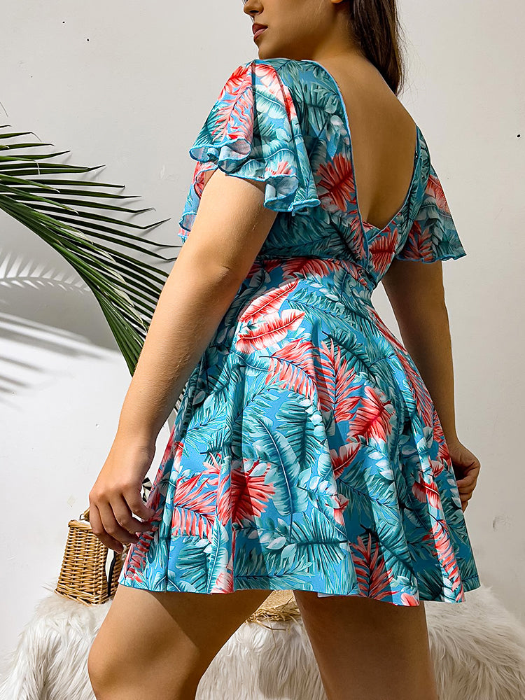 Plus Size Digital Print One-Piece Swimsuit with Sleeves & Skirted Bottom