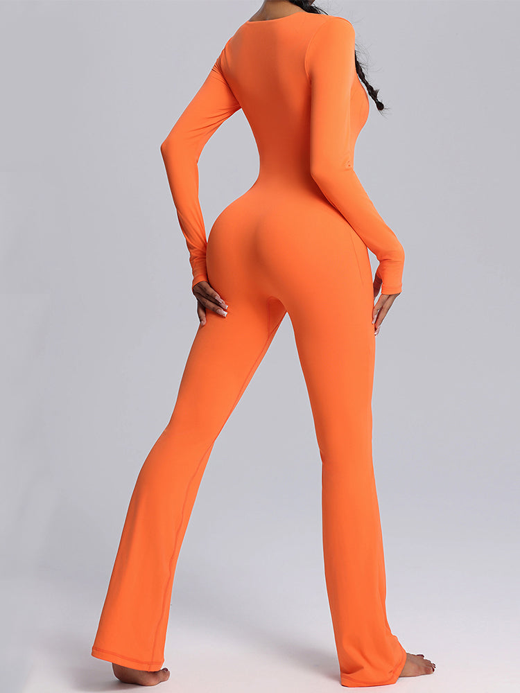 Seamless Full-Body Long-Sleeve Yoga One-Pieces with Square Neckline