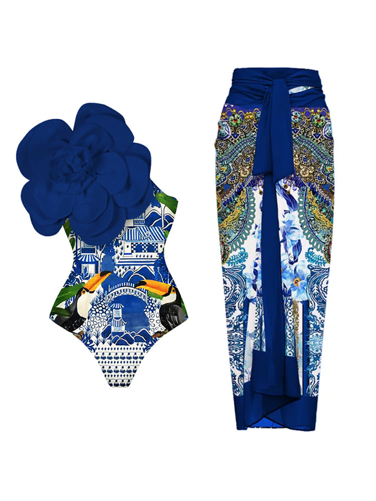 European Style One-Piece Swimsuit - 3D Floral Embroidery Swimwear