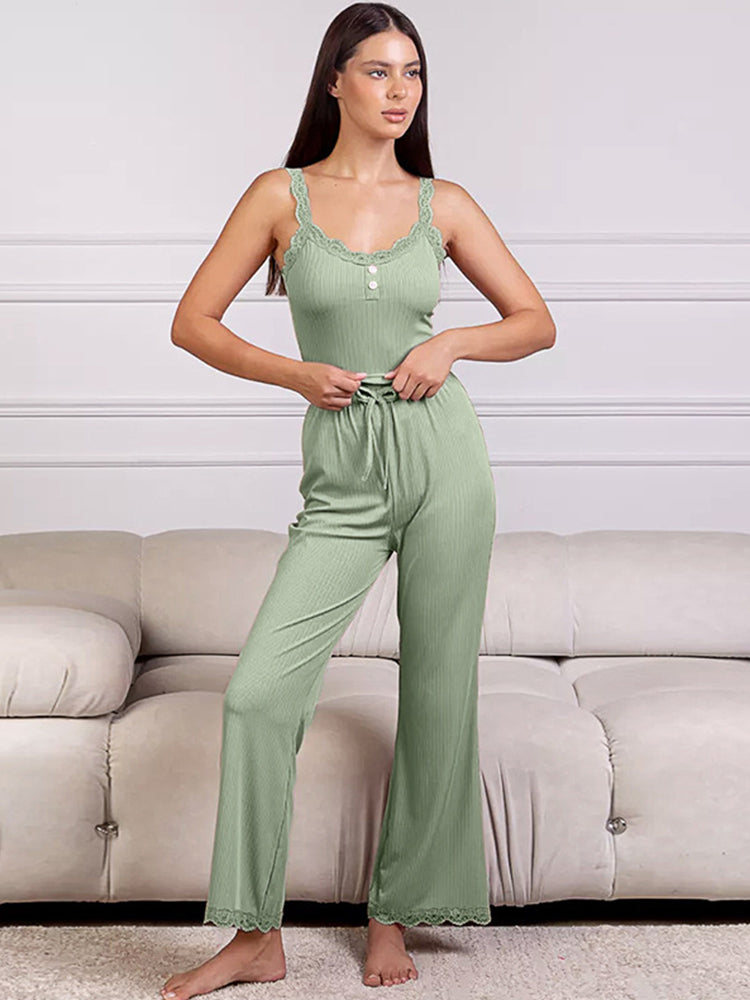 Comfort Lace Strap Tank Top and Long Pants Loungewear Set