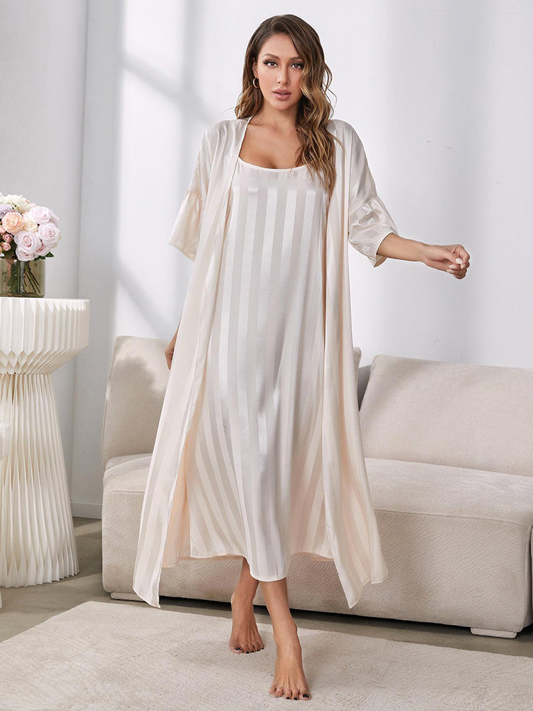 Satin Striped Loose-Fit Nightdress with Matching Robe