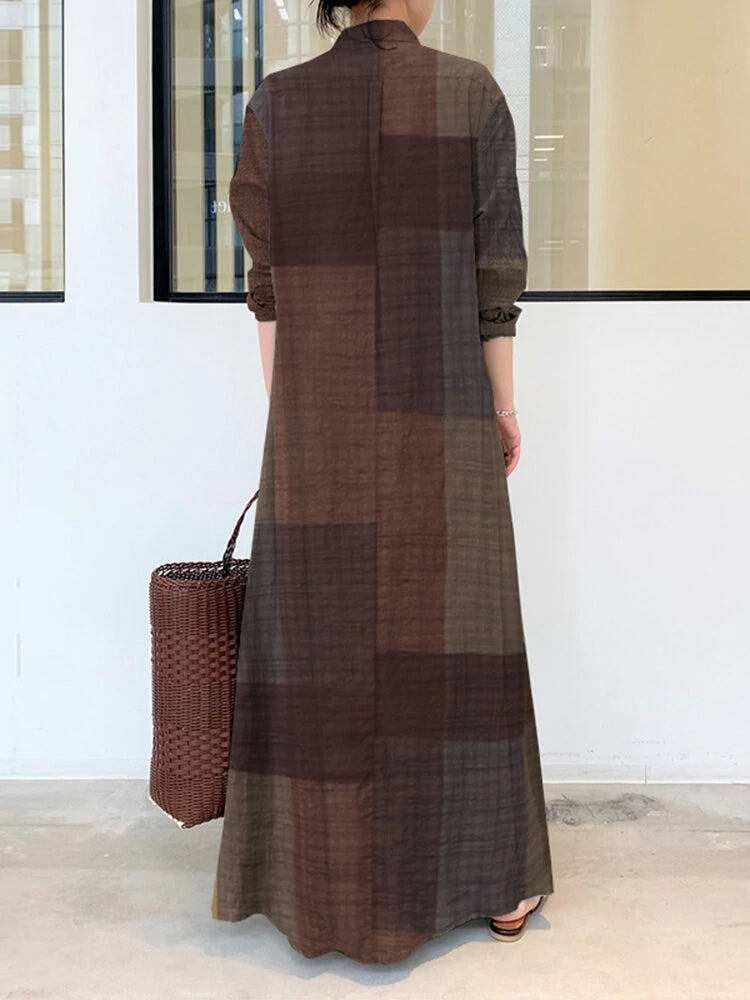 Vintage Plaid Stand Collar Pocket Maxi Shirt Dresses