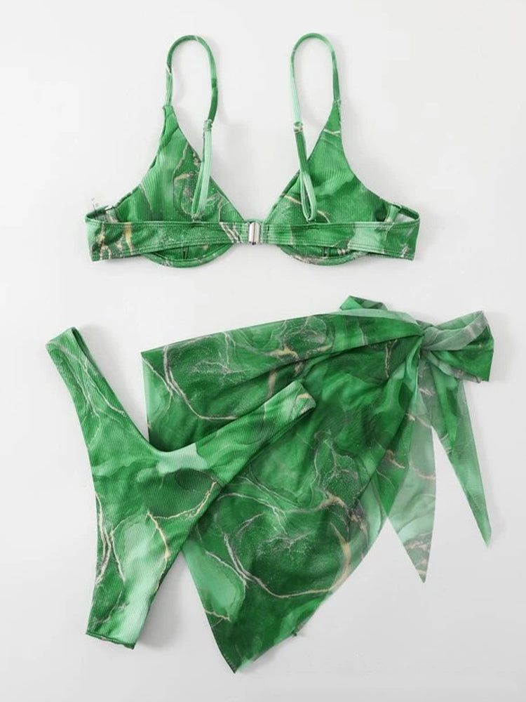 Women's Sexy 3-Piece Ribbed Underwire Bikini Set
