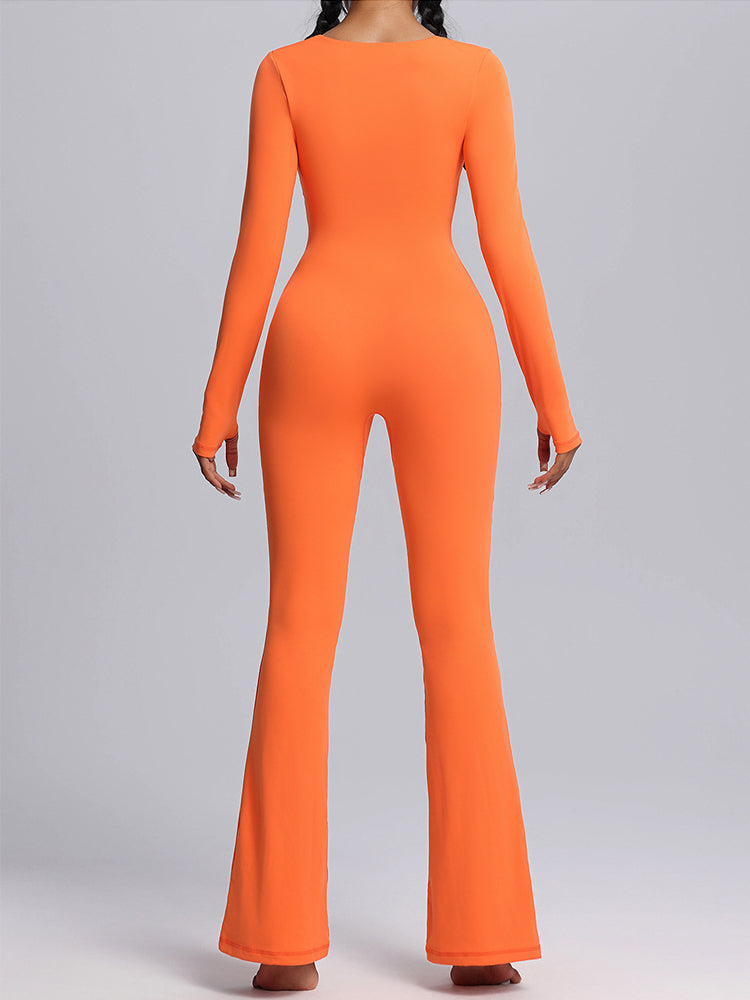 Seamless Full-Body Long-Sleeve Yoga One-Pieces with Square Neckline