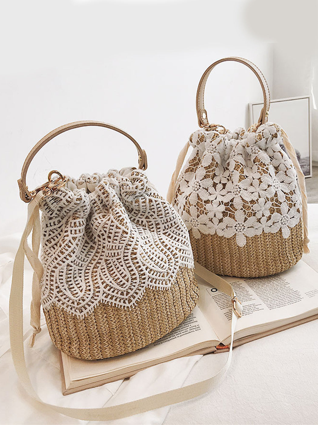 Versatile Lace-Accented Woven Crossbody Bucket Bag
