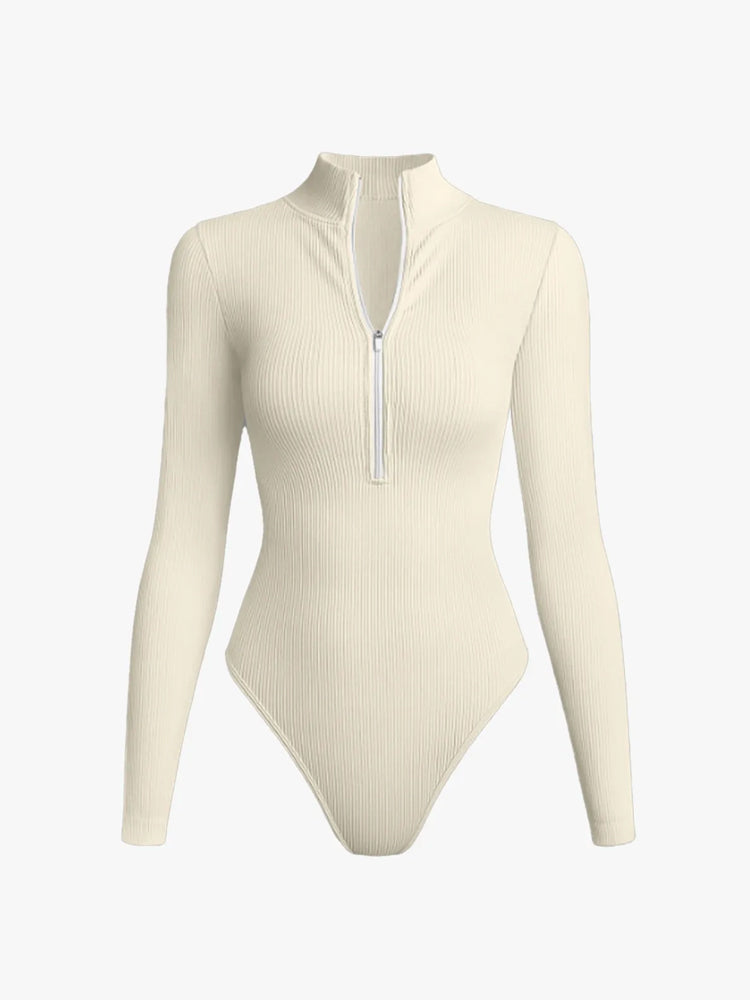 Ribbed Zipper Crotch Opening High Neck Long Sleeve Thong Bodysuits